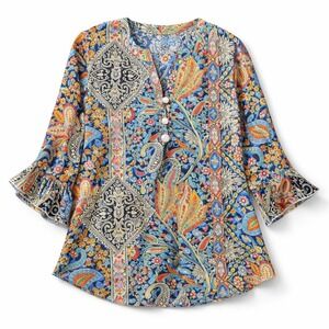 BOHO Paisley Print Ruffle Bell Sleeve Pearl Button Split Neck Top Sz Med NEW
